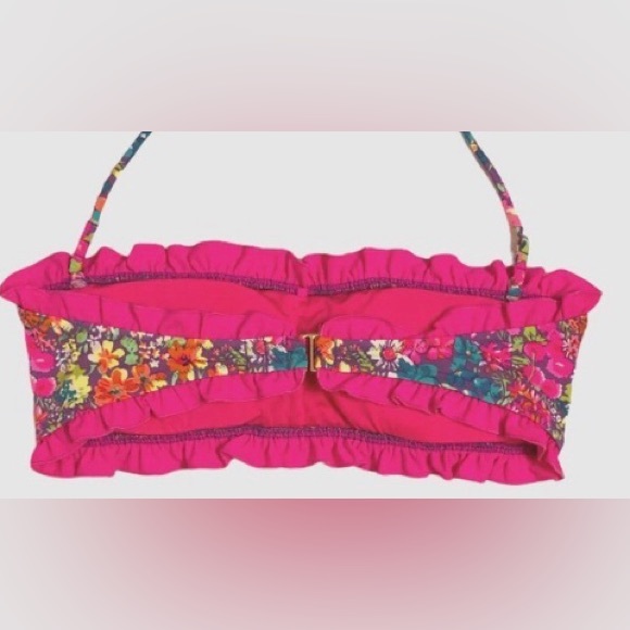 VICTORIA'S SECRET Pink Floral Ruffled Smocked bikini Top bandeau swimsuit M - Picture 4 of 13
